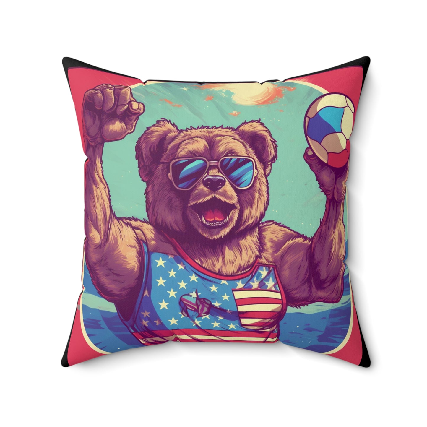 Volleyball Court Patriotism: 4th of July American Bear Athletic Spun Polyester Square Pillow