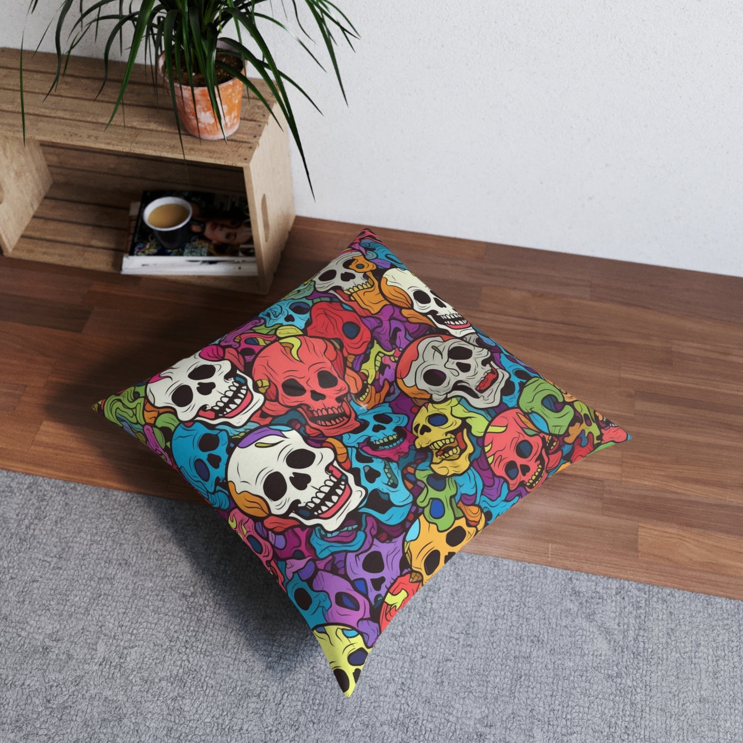 Psychedelic Rainbow Skull Head Pattern, Vibrant Colors - Tufted Floor Pillow, Square