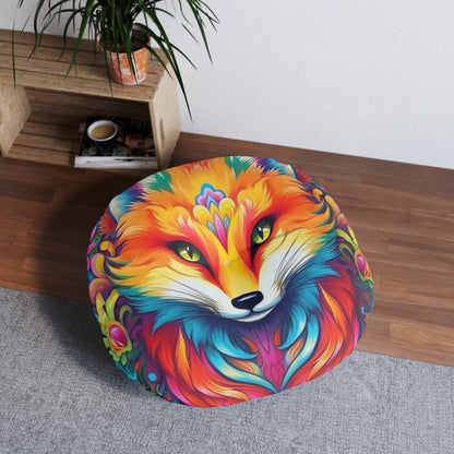 Vibrant & Colorful Fox Design - Unique and Eye-Catching - Tufted Floor Pillow, Round