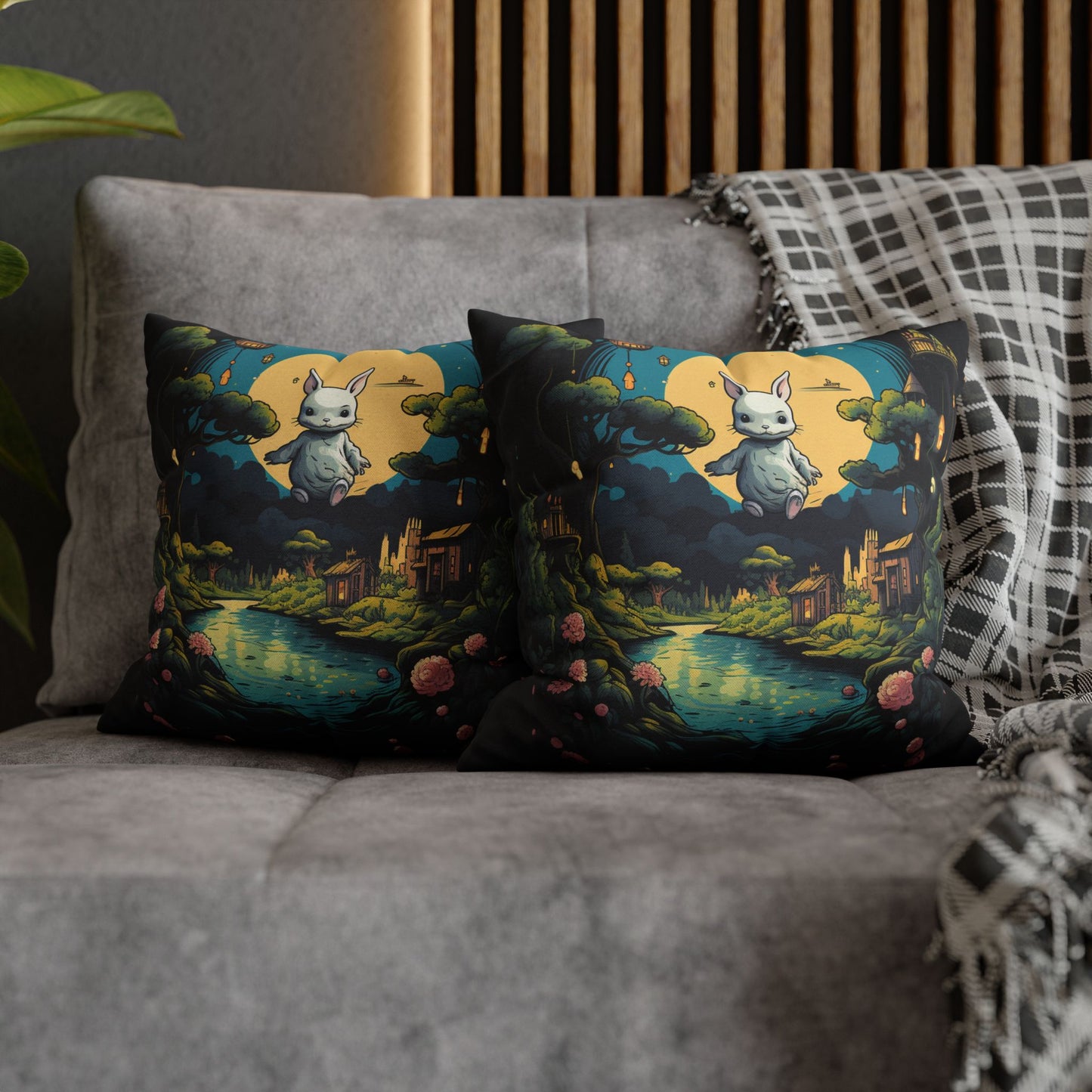 White Rabbit Mystery Psychedelic Fantasy Anime Cartoon Bunny - Spun Polyester Square Pillow Case