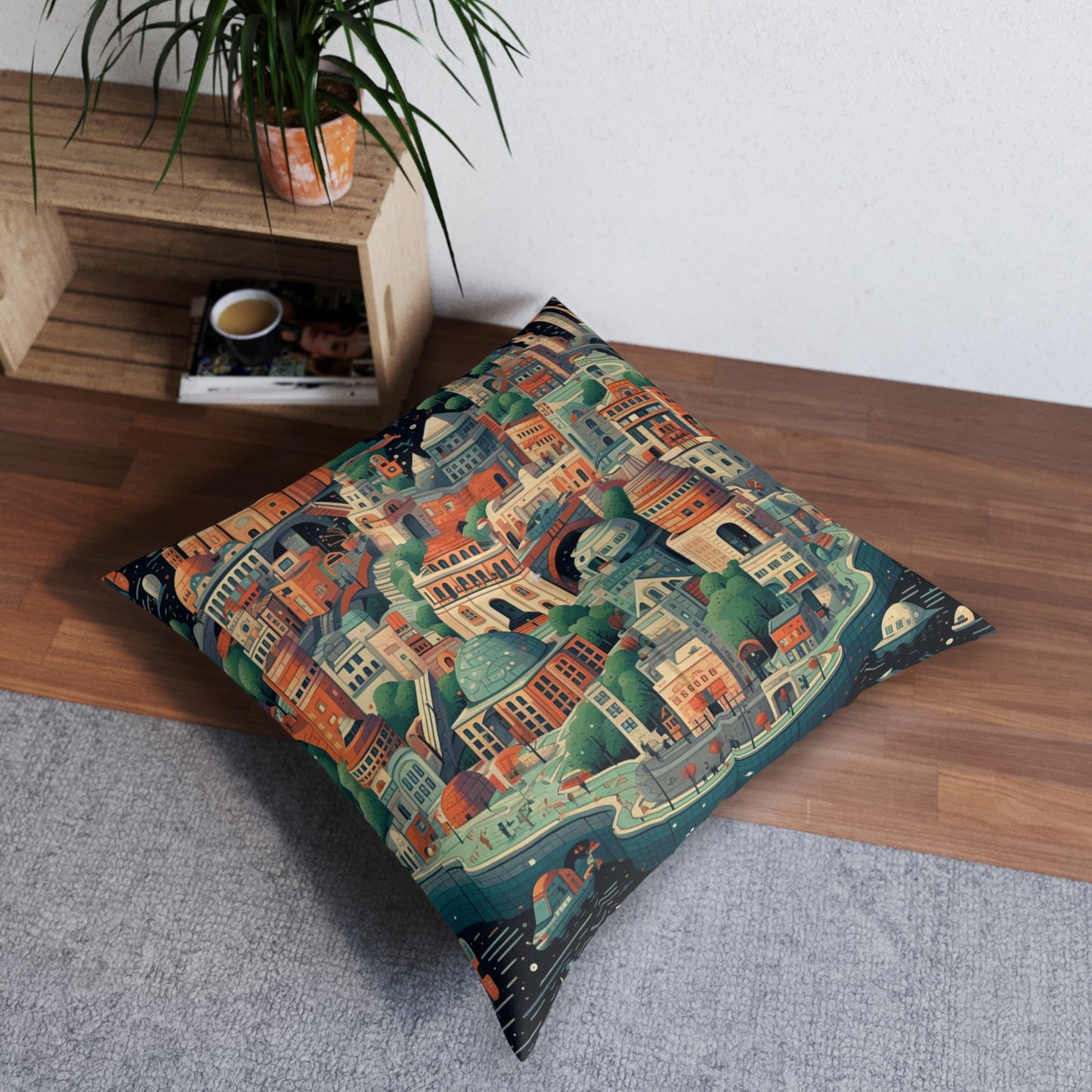 Galactic Metropolis Pattern, Sci-Fi Inspired - Tufted Floor Pillow, Square