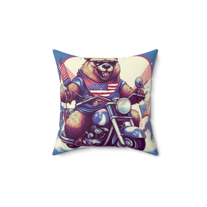 Roaring American Pride: Patriotic Bear 4th of July Motorcycle Adventure Spun Polyester Square Pillow