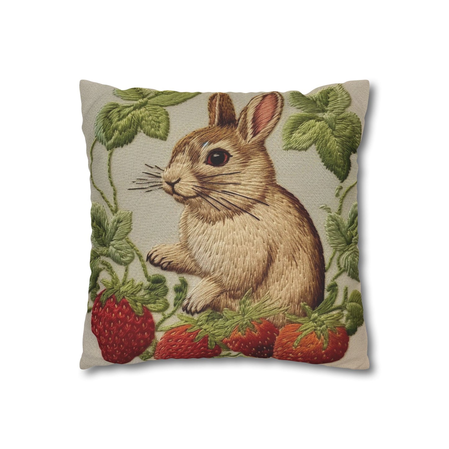 Strawberry Bunny Rabit - Embroidery Style - Strawberries Fruit Munchies - Easter Gift - Spun Polyester Square Pillow Case