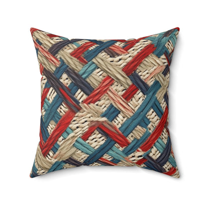 Colorful Yarn Knot: Denim-Inspired Fabric in Red, White, Light Blue - Spun Polyester Square Pillow