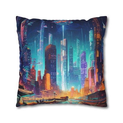 Futuristic Neon Cyberpunk Cityscape Art Design Spun Polyester Square Pillow Case