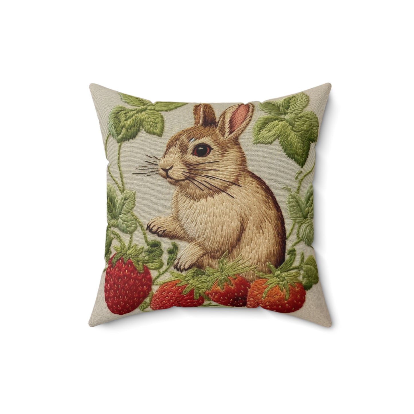 Strawberry Bunny Rabit - Embroidery Style - Strawberries Fruit Munchies - Easter Gift - Spun Polyester Square Pillow