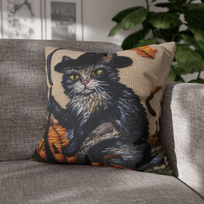 Halloween Cat Magic: Embroidered Style Feline with Pumpkins & Witch Hat - Spun Polyester Square Pillow Case