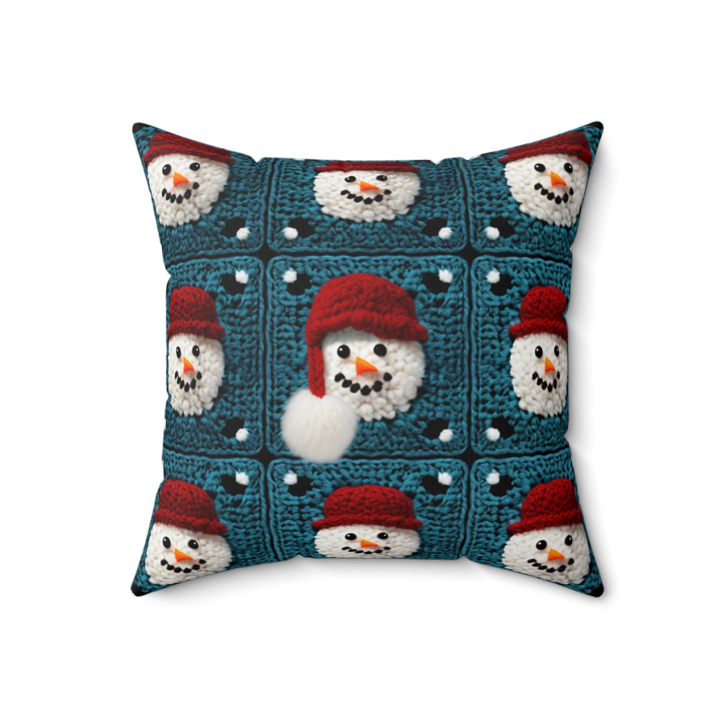 Snowman Crochet Craft, Festive Yuletide Cheer, Winter Wonderland - Spun Polyester Square Pillow