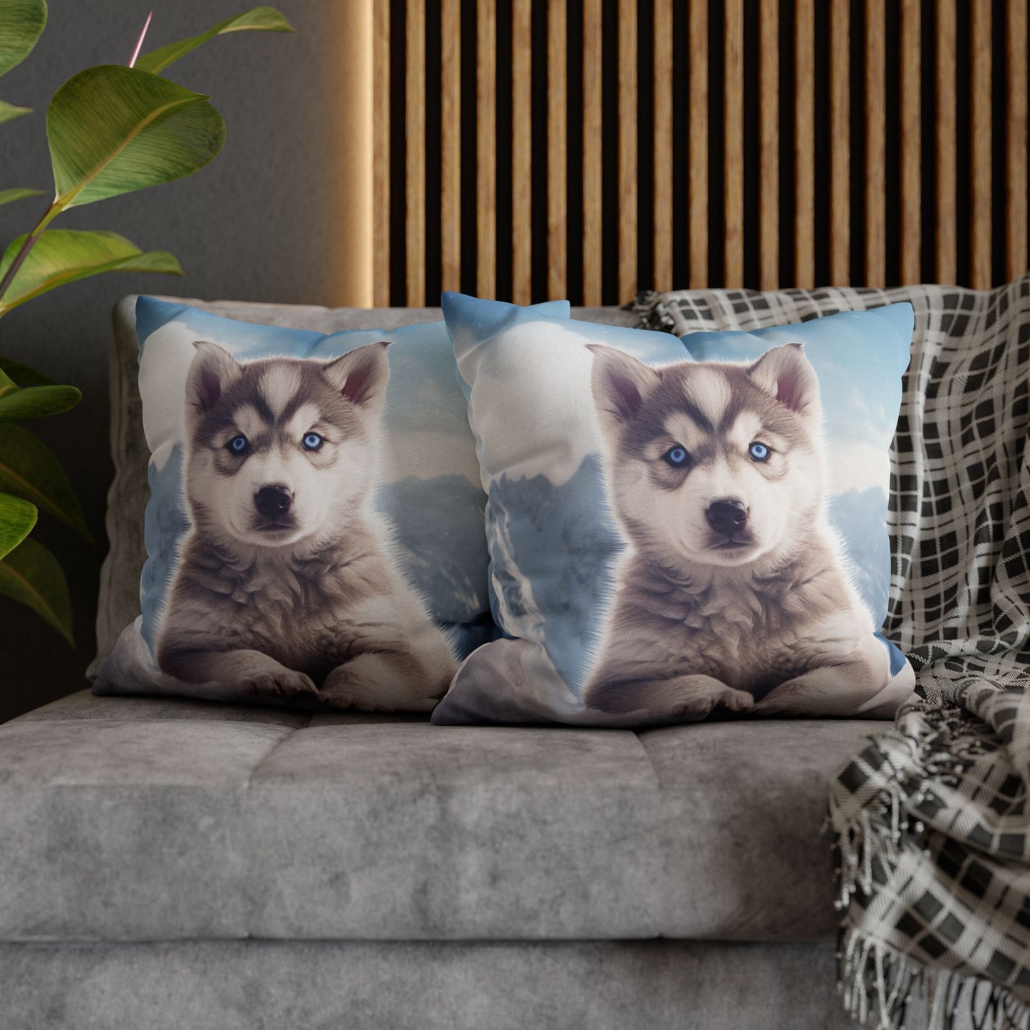 Husky Puppy Winter Wonder - Snowy Mountain Backdrop Spun Polyester Square Pillow Case