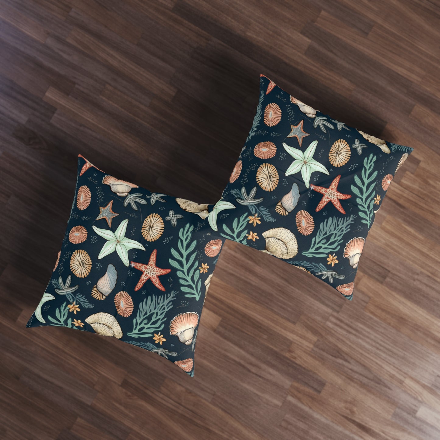 Seashells & Starfish Marine-Inspired Pattern Tufted Floor Pillow, Square