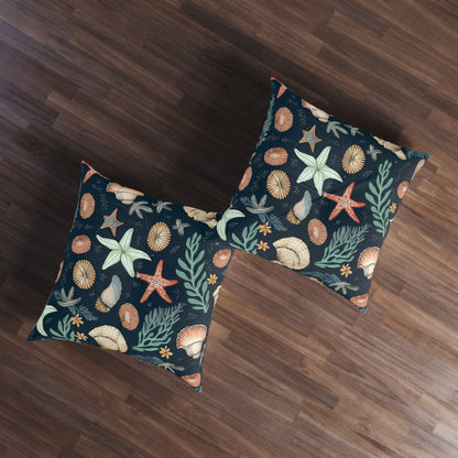 Seashells & Starfish Marine-Inspired Pattern Tufted Floor Pillow, Square