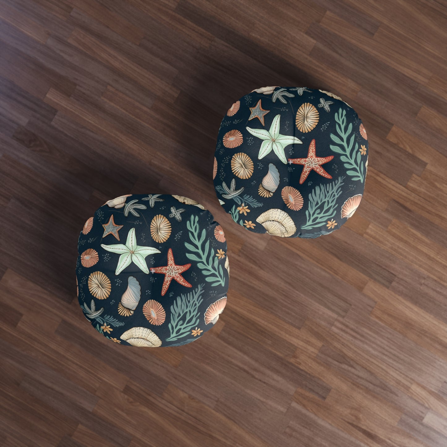 Seashells & Starfish Marine-Inspired Pattern Tufted Floor Pillow, Round