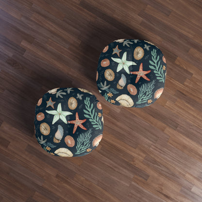 Seashells & Starfish Marine-Inspired Pattern Tufted Floor Pillow, Round