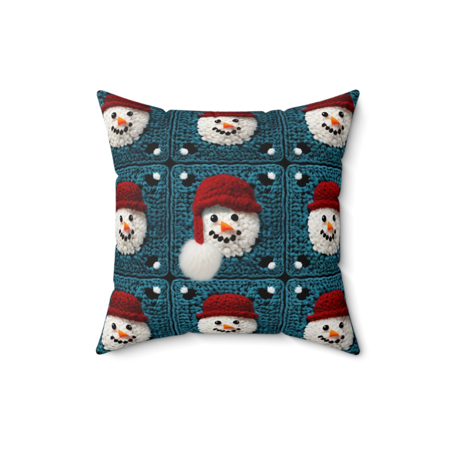 Snowman Crochet Craft, Festive Yuletide Cheer, Winter Wonderland - Spun Polyester Square Pillow