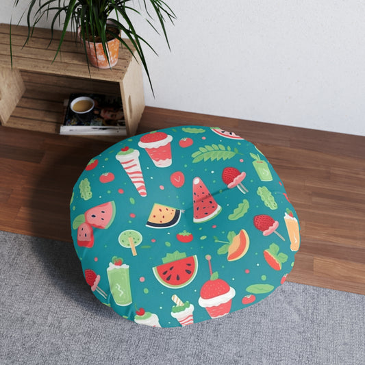 Quirky Summer Food Watermelon Ice Cream Cocktail Pattern Tufted Floor Pillow, Round