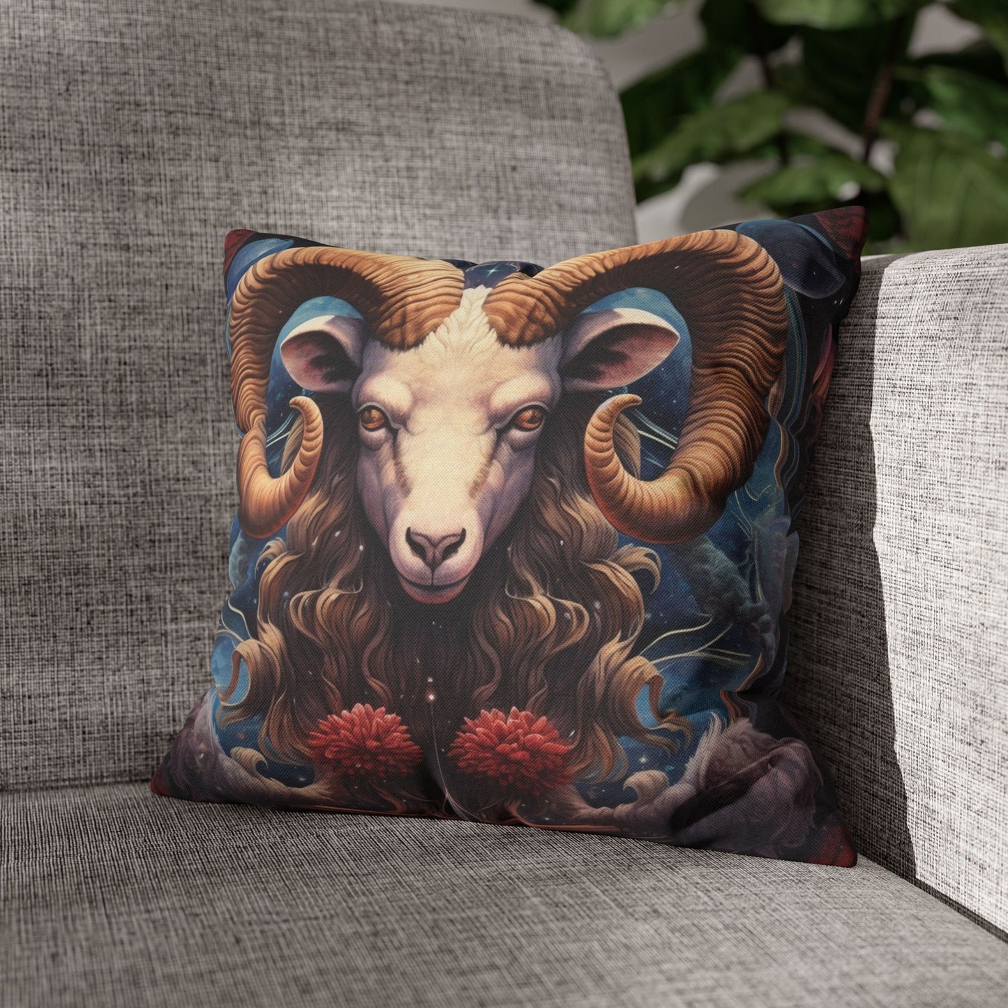 Aries Zodiac Ram - Vibrant Astrological Sign Cosmic Space Symbol - Spun Polyester Square Pillow Case