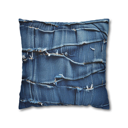 Midnight Blue Distressed Denim: Rugged, Torn & Stylish Design - Spun Polyester Square Pillow Case