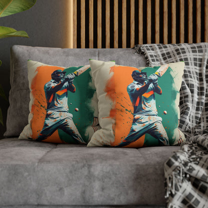 Cricket Batsman, Ball Strike, Indian Flag Color Background - Street Style - Spun Polyester Square Pillow Case